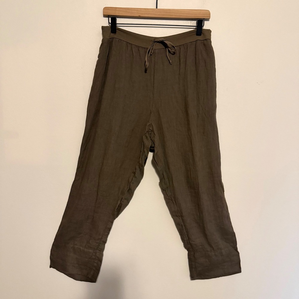 Flax Linen Pull On pants brown M cropped lagenlook minimalist casual boho resort